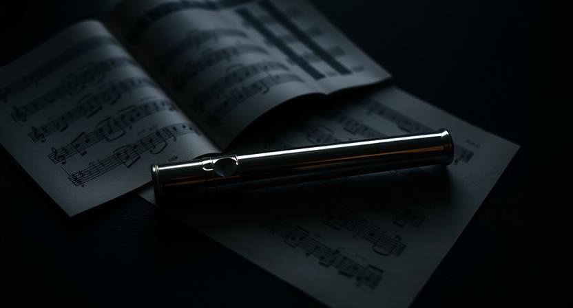 Irish tin whistle with handwritten music notes in a dark setting