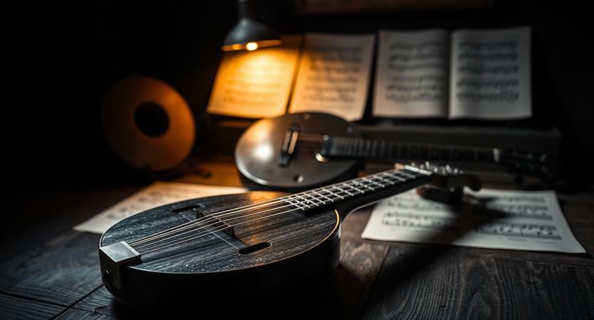 Irish bouzouki placed in a dark traditional folk music setting