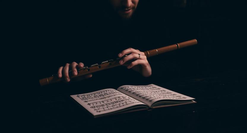 Person learning to play an Irish flute in a dark traditional setting