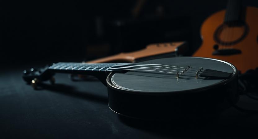 Traditional banjo displayed in a dark folk music setting
