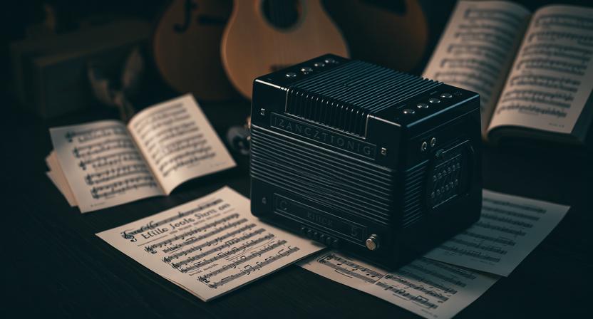 Traditional concertina with folk music sheets in a dark setting