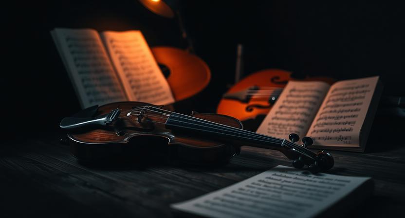 Traditional Irish fiddles displayed in a dark folk music setting