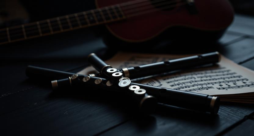 Traditional penny flutes displayed in a dark folk music setting